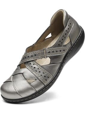 Women's Pewter Casual Loafers Cute Slip On Comfort Walking Flats Leather Shoes
